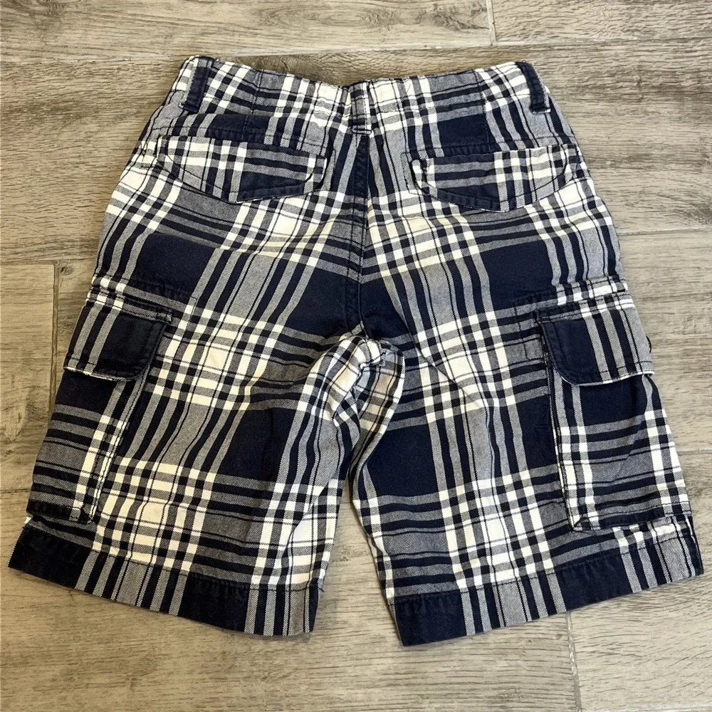 Lands' End Shorts Boy 6 Navy Blue Plaid Cargo Shorts‎ Cotton Elastic Back Preppy